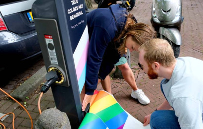 Rainbow sticker on a charging station